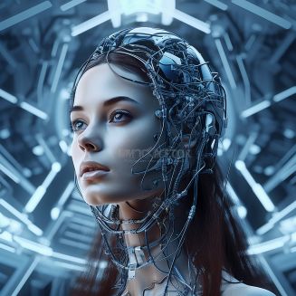 Gaming, futuristic cyberpunk and scifi woman for fantasy character, digital video game and metaverse. Technology, virtual reality and girl in dystopian city at night in ai, cyborg and 3d robot art.